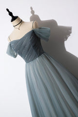 Gray Blue Spaghetti Strap Tulle Floor Length Prom Dress, Off Shoulder Evening Party Dress