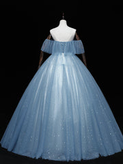 Gray Blue Tulle Off Shoulder Long Prom Dress, Blue Tulle Formal Dresses