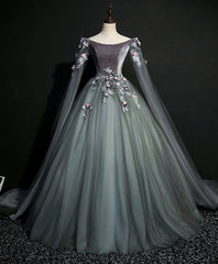 Gray Green Tulle Lace Long Prom Dress Gray Tulle Formal Dress