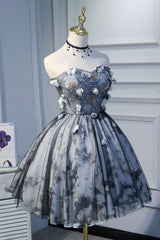 Gray Lace Strapless Short Prom Dress, A-Line Sweetheart Neckline Party Dress