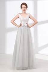 Gray Silver V Neck Tulle Prom Dresses