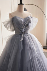 Gray Tulle Long Prom Dress, Off Shoulder Evening Dress Party Dress