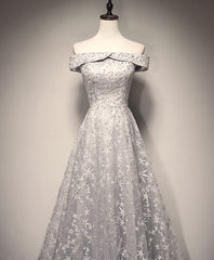 Gray White Tulle Lace Long Prom Dress Tulle Lace Formal Dress