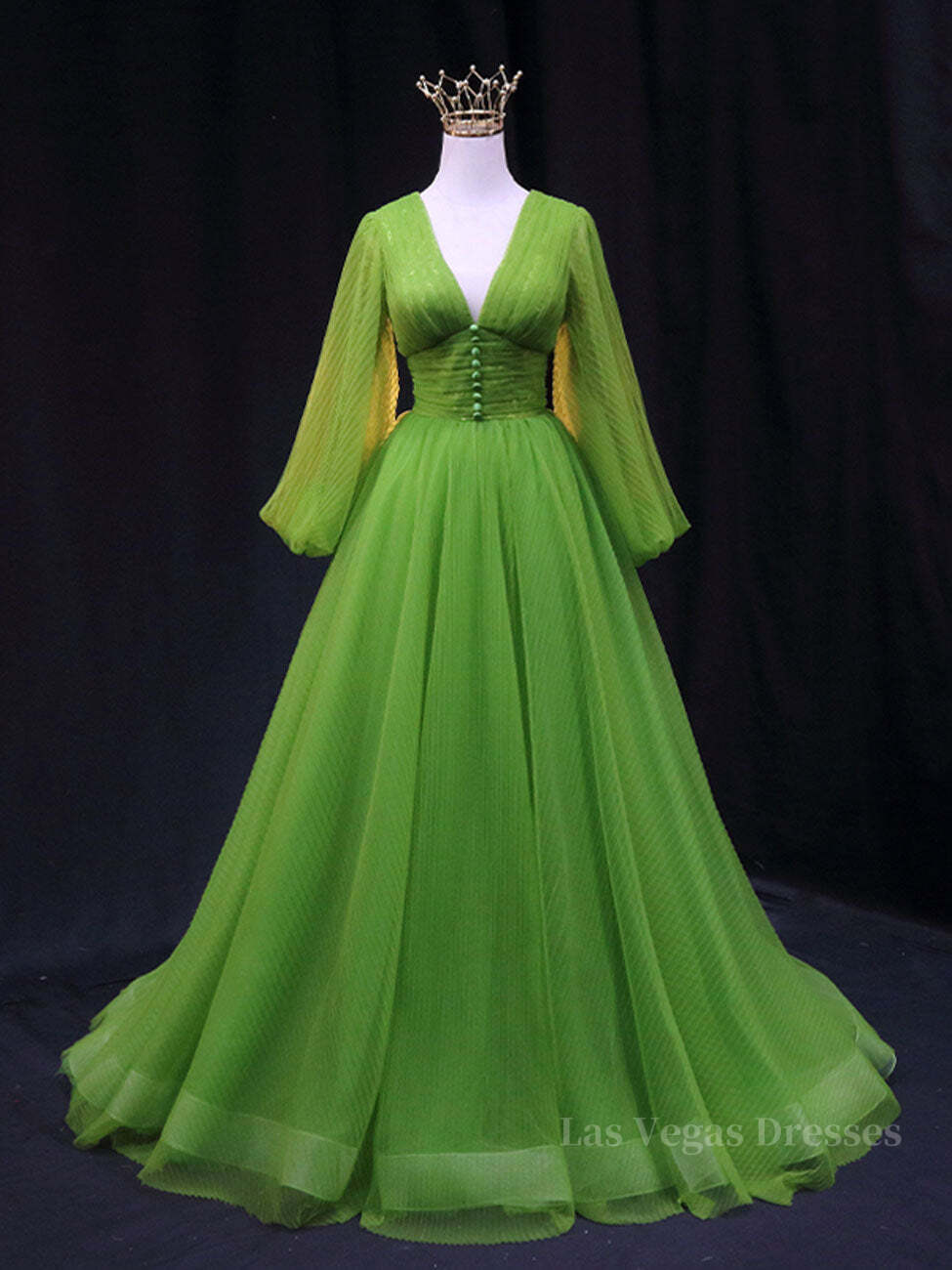 Green A Line Long Prom Dresses, V Neck Green Tulle Long Formal Evening Dresses