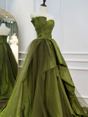 Green Long Prom Dresses, Green Satin Formal Long Evening Dress