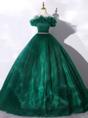 Green Off Shoulder Tulle Long Prom Dress, Green Sweet 16 Dress