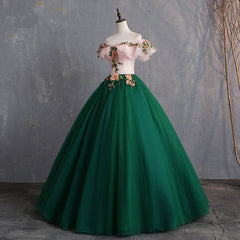 Green Off Shoulder Tulle with Lace Formal Gown, Green Evening Sweet 16 Dresses