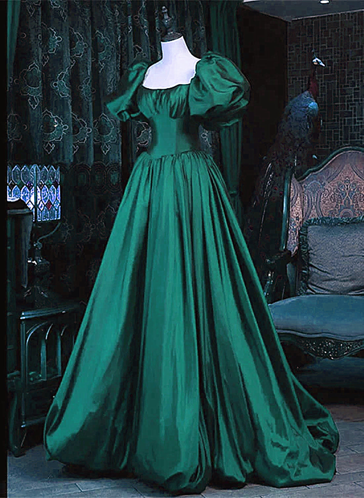 Green Puffy Sleeves Taffeta Long Formal Dress, Scoop Green Prom Dress Party Dress