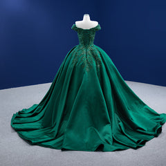 Green Satin Beaded Off Shoulder Long Formal Gown, Green Sweet 16 Dresses