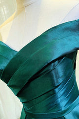 Green Satin Long A-Line Prom Dress, Simple Off the Shoulder Evening Dress