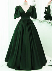 Green Satin Short Sleeves Long Party Dress, Green Floor Length Evening Dress Prom Dress