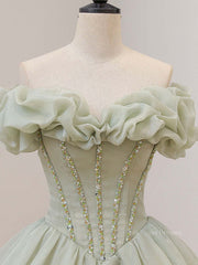 Green Tulle Beading Long Prom Dresses, Green Formal Graduation Dresses