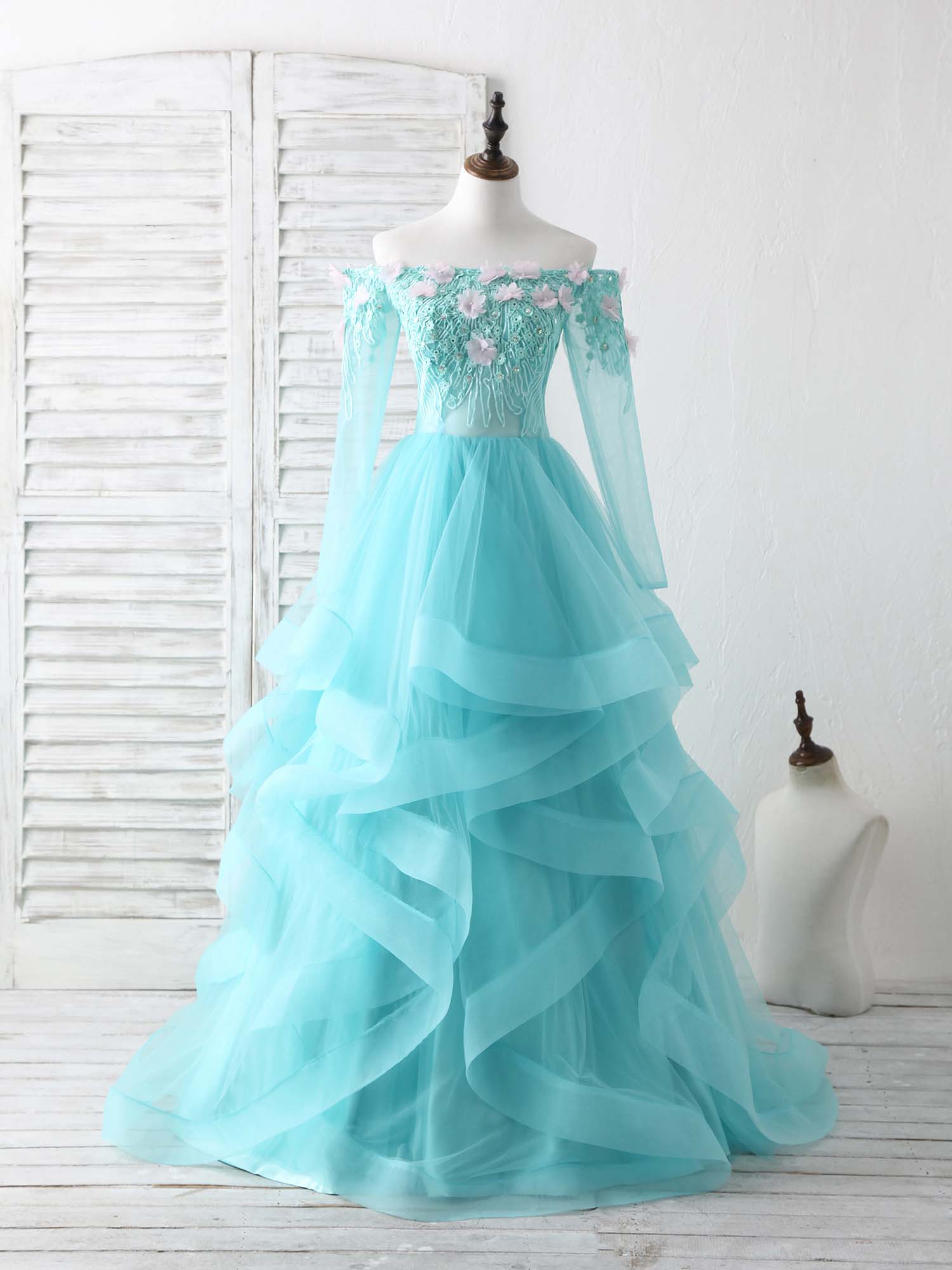 Green Tulle Lace Applique Long Prom Dress Green Graduation Dresses