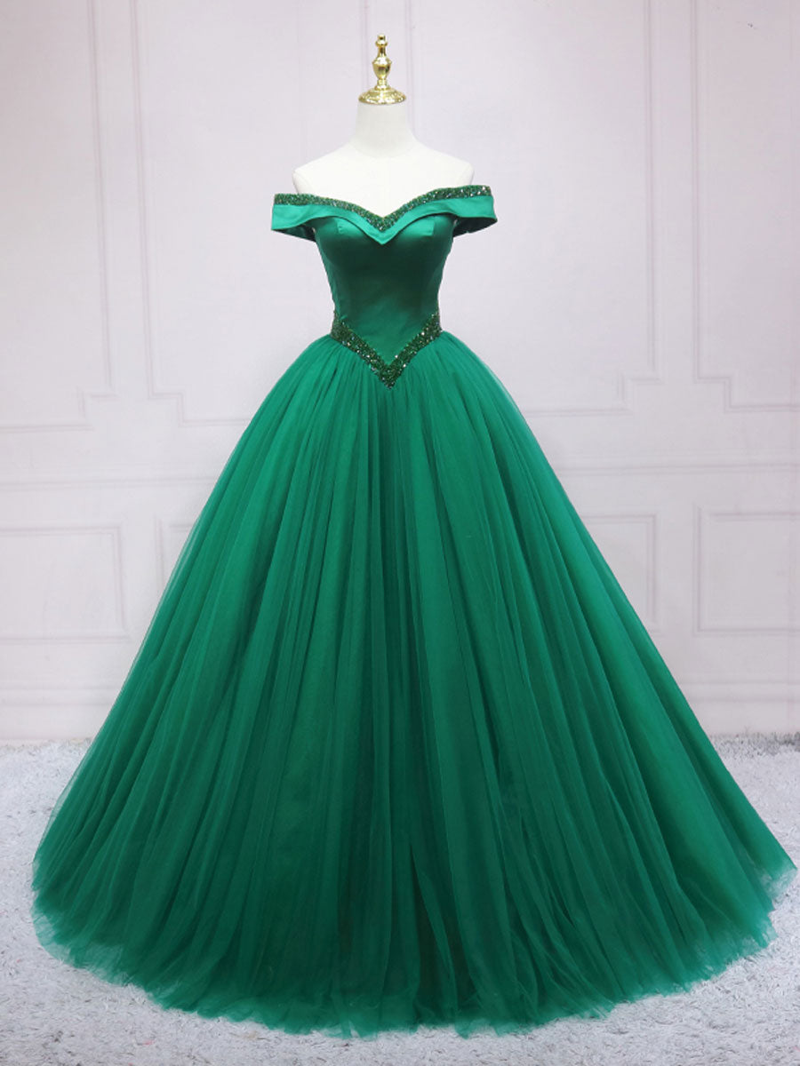 Green Tulle Off Shoulder Tulle Beads Long Prom Dress, Green Formal Graduation Dresses