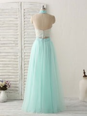 Green Tulle Two Pieces Long Prom Dress Lace Beads Formal Dress