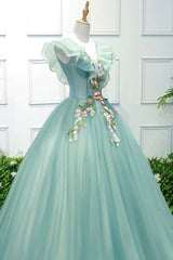 Green V-Neck Tulle Long A-Line Prom Dress, A-Line Evening Formal Gown