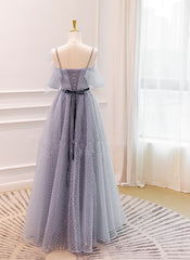 Grey A-line Straps Tulle Floor Length Party Dress, Grey Evening Dress Graduation Dress