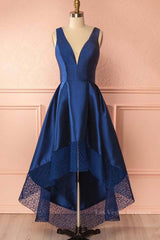 High Low V Neck Blue Satin Prom Dresses, Open Back Blue Formal Dresses, Blue Evening Dresses