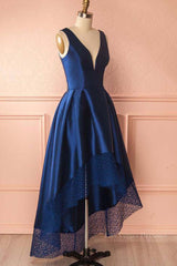 High Low V Neck Blue Satin Prom Dresses, Open Back Blue Formal Dresses, Blue Evening Dresses