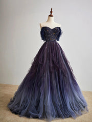 Purple Gradient Tulle Long Prom Dress, Beautiful A-Line Evening Party Dress