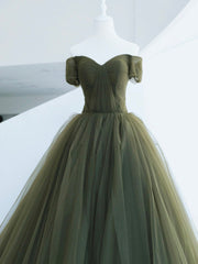 Green Tulle Long Prom Dress, A-Line Off Shoulder Evening Dress