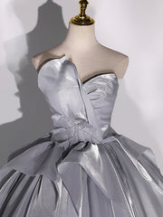 Gray Strapless Tulle Long Ball Gown, A-Line Evening Dress Formal Dress