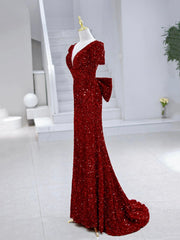 Mermaid Sequins Long Prom Dress, Burgundy V-Neck Evening Dress