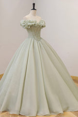 Green Ball Gown, A-Line Off the Shoulder Evening Gown with Beaded