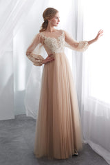 Lantern Sleeve Champagne Appliques Long Prom Dresses