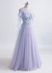 Lavender Off Shoulder Flower Lace Long Party Dress, A-line Purple Prom Dress Formal Dress