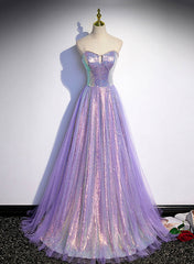 Lavender Tulle and Sequins Sweetheart Long Pary Dress, A-line Prom Dress Formal Dresses