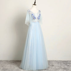 Light Blue Flower Lace V-neckline Puffy Sleeves Long Party Dress, Blue Prom Dress Evening Dress