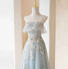 Light Blue Prom Dresses Fairy,Long Blue Tulle Floral Appliques Formal Dresses