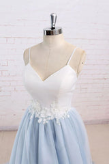 Light Blue Tulle and White Top Long Wedding Party Gowns, Straps Junior Prom Dress