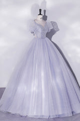 Light Blue Tulle Sequins Prom Dress, Scoop Neck Short Sleeve Puffy Floor-Length Evening Dress