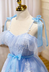 Light Blue Tulle with Lace Knee Length Party Dress, Blue Homecoming Dresses