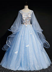 Light Blue with Flowers and Butterflies Formal Dress, Blue Sweet 16 Dresses