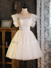 Light Champagne Round Neck Tulle Lace Short Prom Dress, Puffy Homecoming Dress