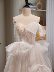 Light Champagne Tulle Beading Long Prom Dress, Light Champagne Formal Dress