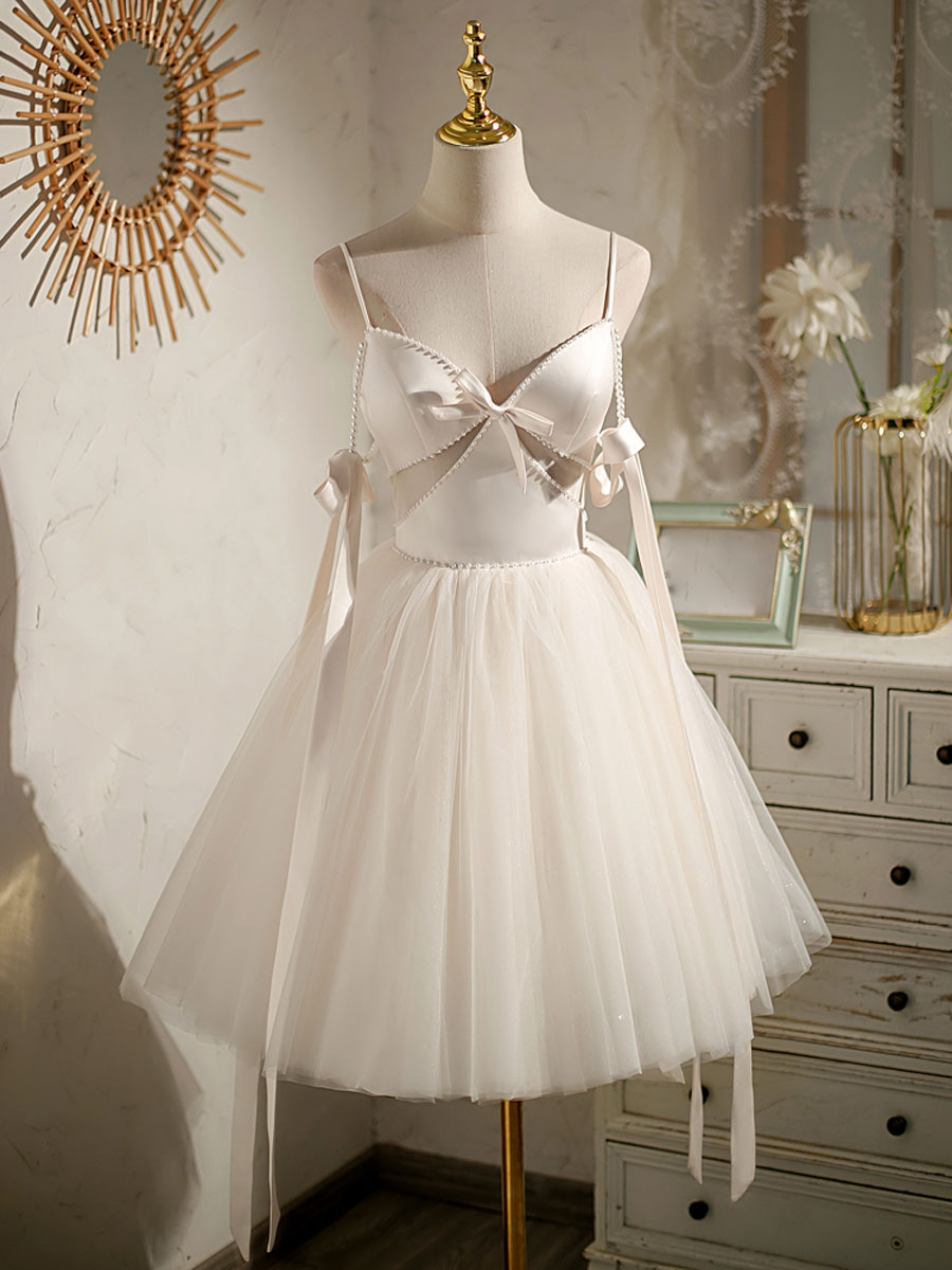 Light Champagne V neck Tulle Short Prom Dress, Tulle Puffy Homecoming Dress