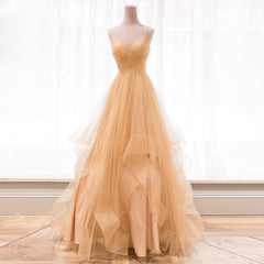 Light Champagne V-neckline Layers Straps Shiny Tulle Party Dress, Champagne Evening Gown Formal Dress