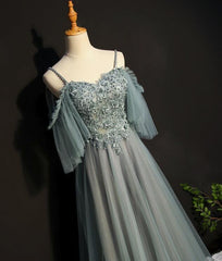 Light Green Tulle A-line Off Shoulder Party Dress, Long Prom Dress