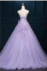 Light Purple Tulle Long Sweet 16 Dress with Bow, Lace Applique Purple Prom Dress Party Dress