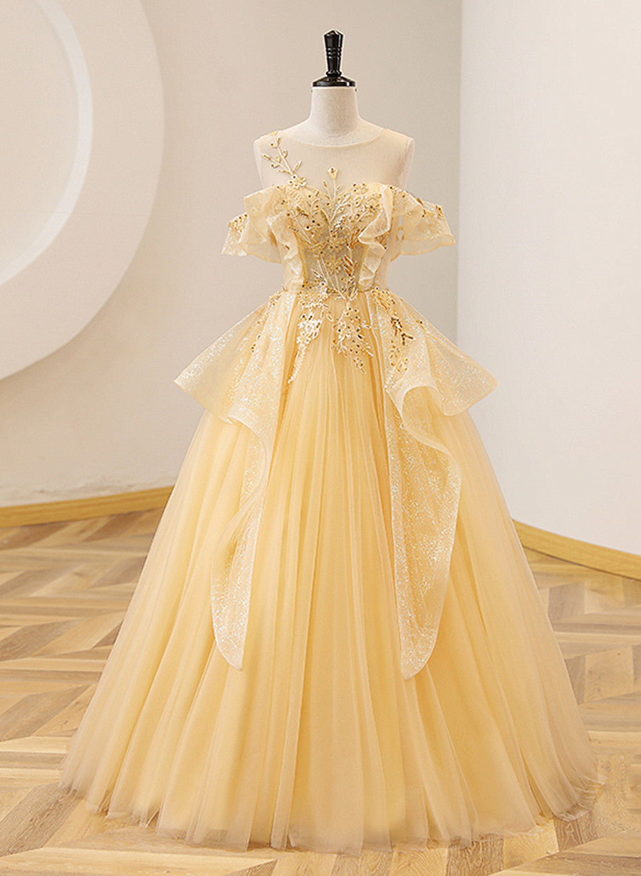 Light Yellow Tulle with Beadings and Lace Party Dress, Yellow Tulle Prom Dress