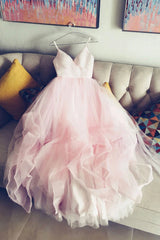 Light Pink Spaghetti Straps Tulle Long Prom Formal Dress, Puffy Party Dress