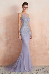 Lilac Fitted Mermaid V-Neck Long Prom Dresses