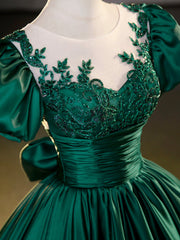 Green Satin Lace Floor Length Formal Dress, Short Sleeve A-Line Evening Dress