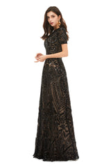 Long Black Sparkly Sequins Prom Dresses With Short Sleeves