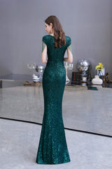 Long Sleeve V Neck Lace Prom Dresses Thin Cap Sleeve