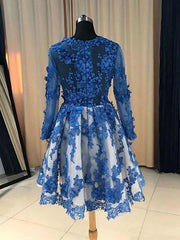 Long Sleeves Short Blue Lace Prom Dresses, Short Blue Lace Formal Homecoming Graduation Dresses